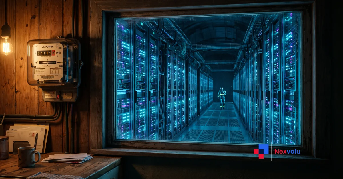 Data center electricity bill concept: server racks glowing beside a home power meter