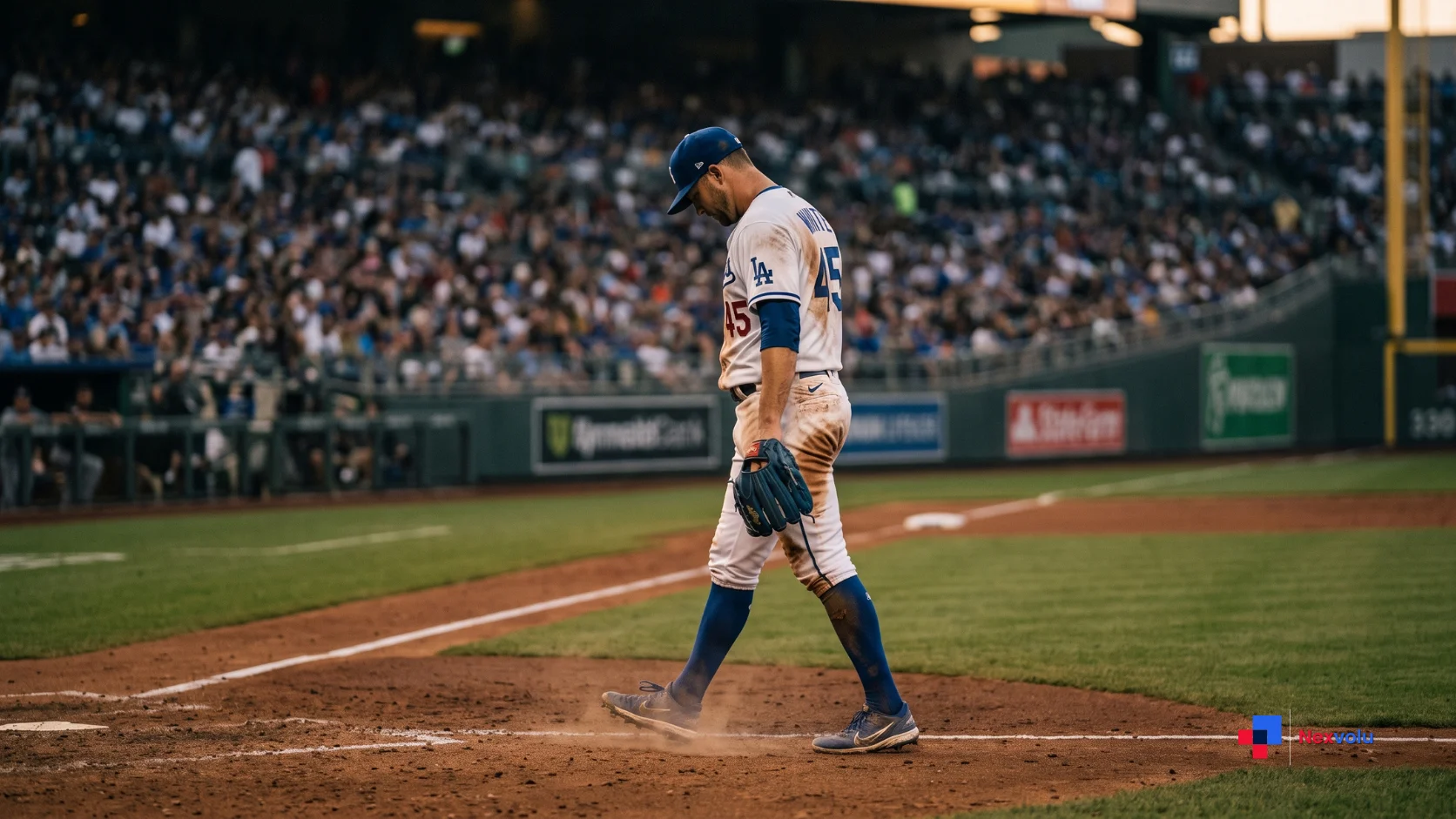 Dejected Dodgers pitcher walking off the Wrigley Field mound after a home run