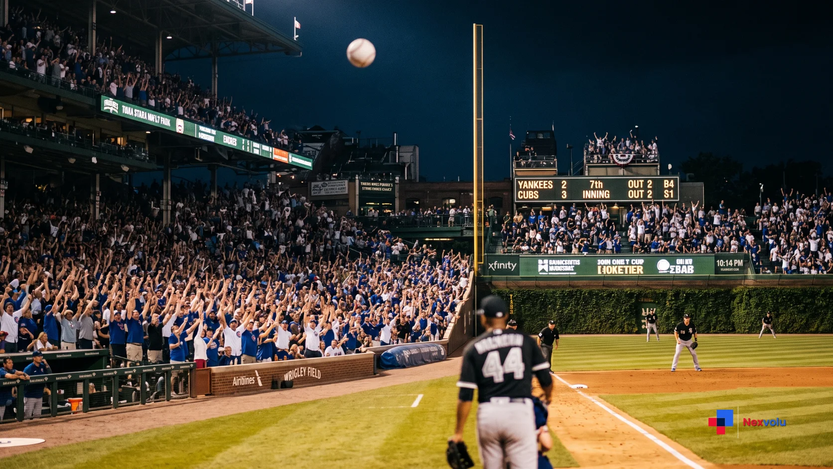 Dodgers vs Cubs night game at Wrigley Field as a home run sails toward the bleachers