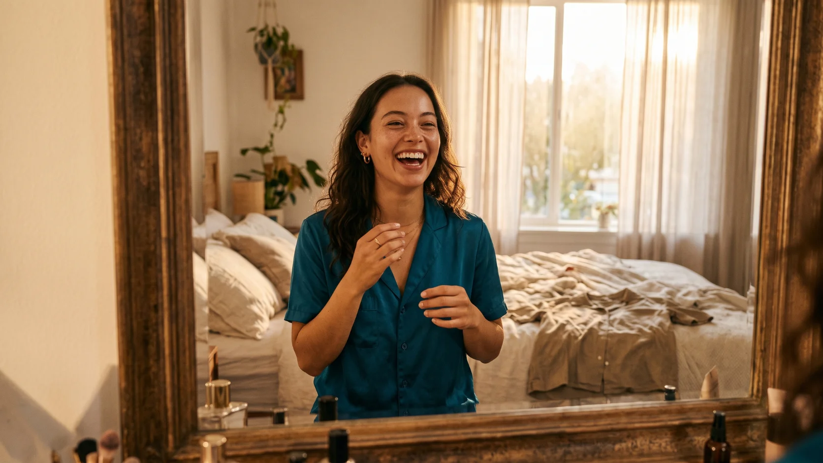 Confident person smiling in a flattering teal outfit chosen for their skin undertone