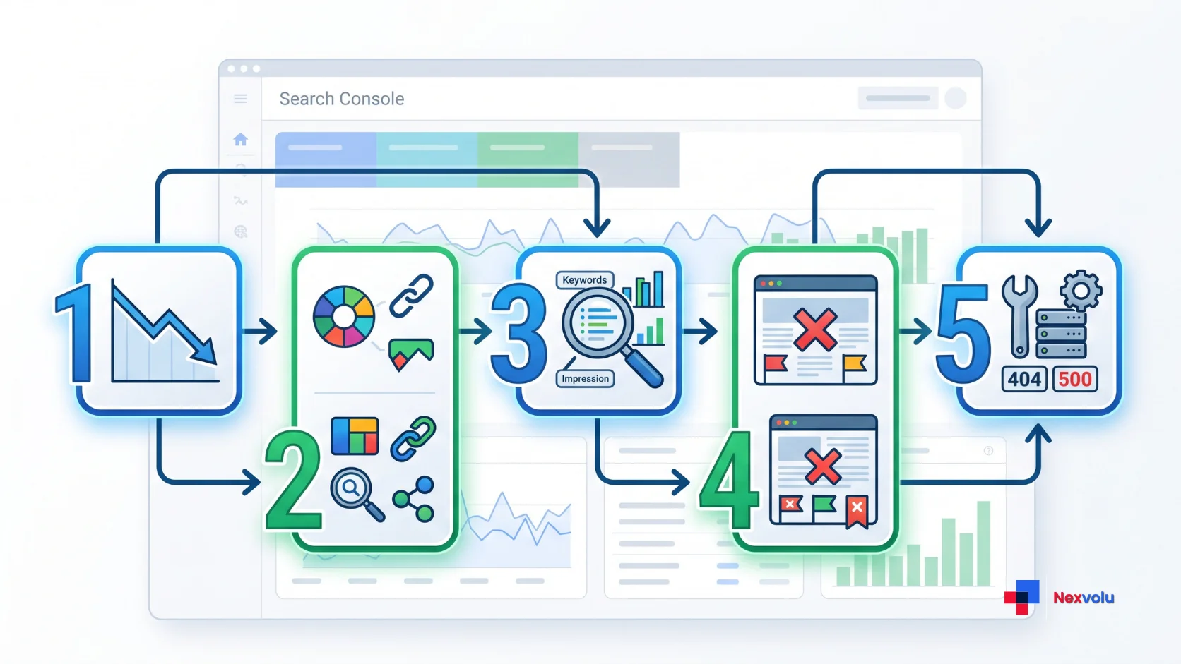 Five step triage checklist flowchart for diagnosing a sudden Google traffic drop