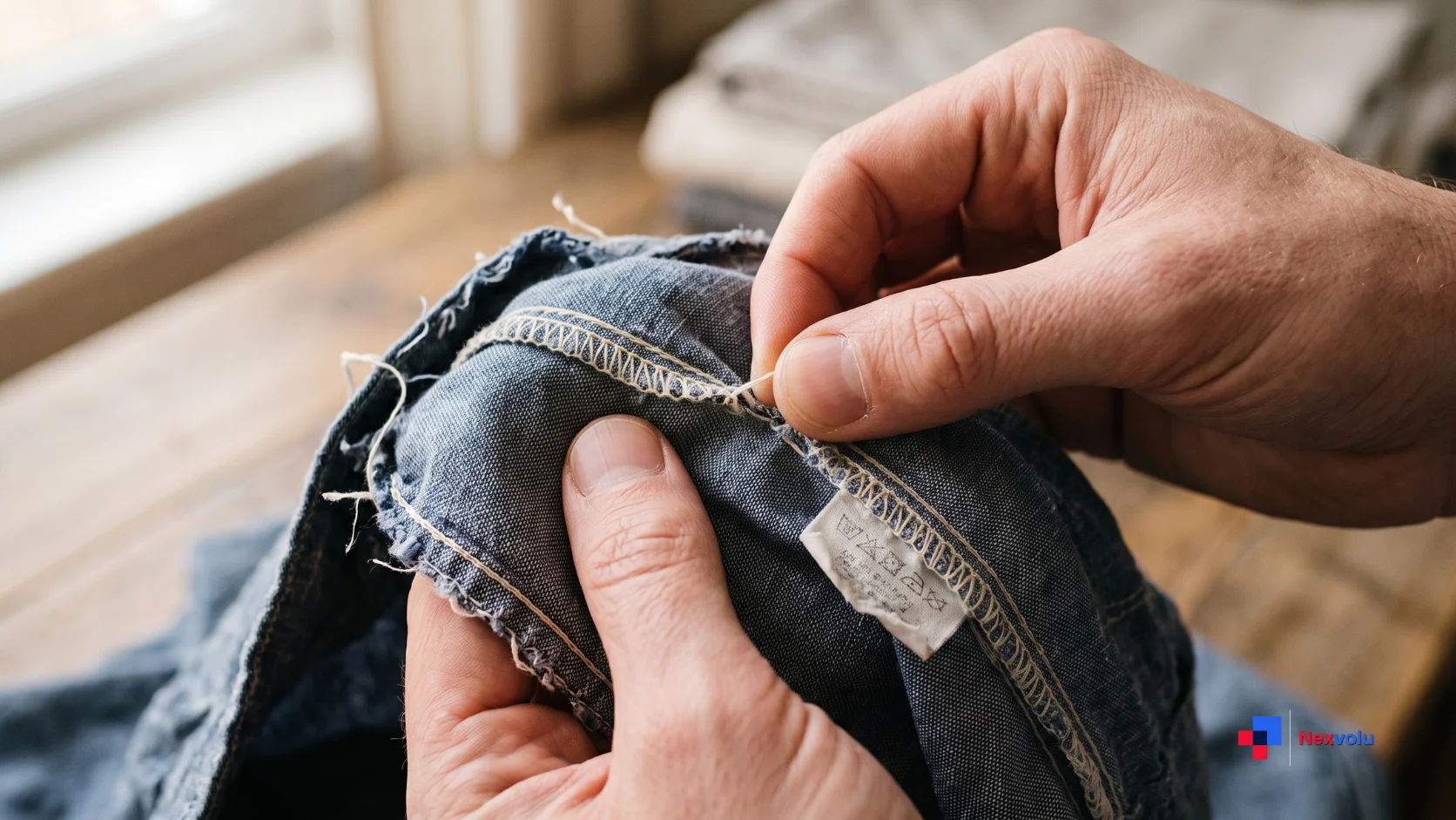 Thrift shopping beginner checking seam stitching quality on a secondhand shirt