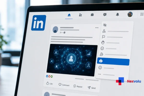 LinkedIn AI slop button shown in a post report menu on a laptop screen