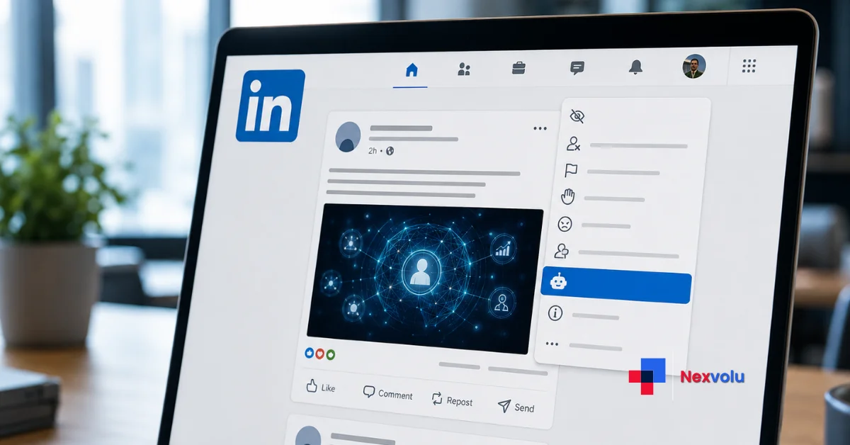 LinkedIn AI slop button shown in a post report menu on a laptop screen