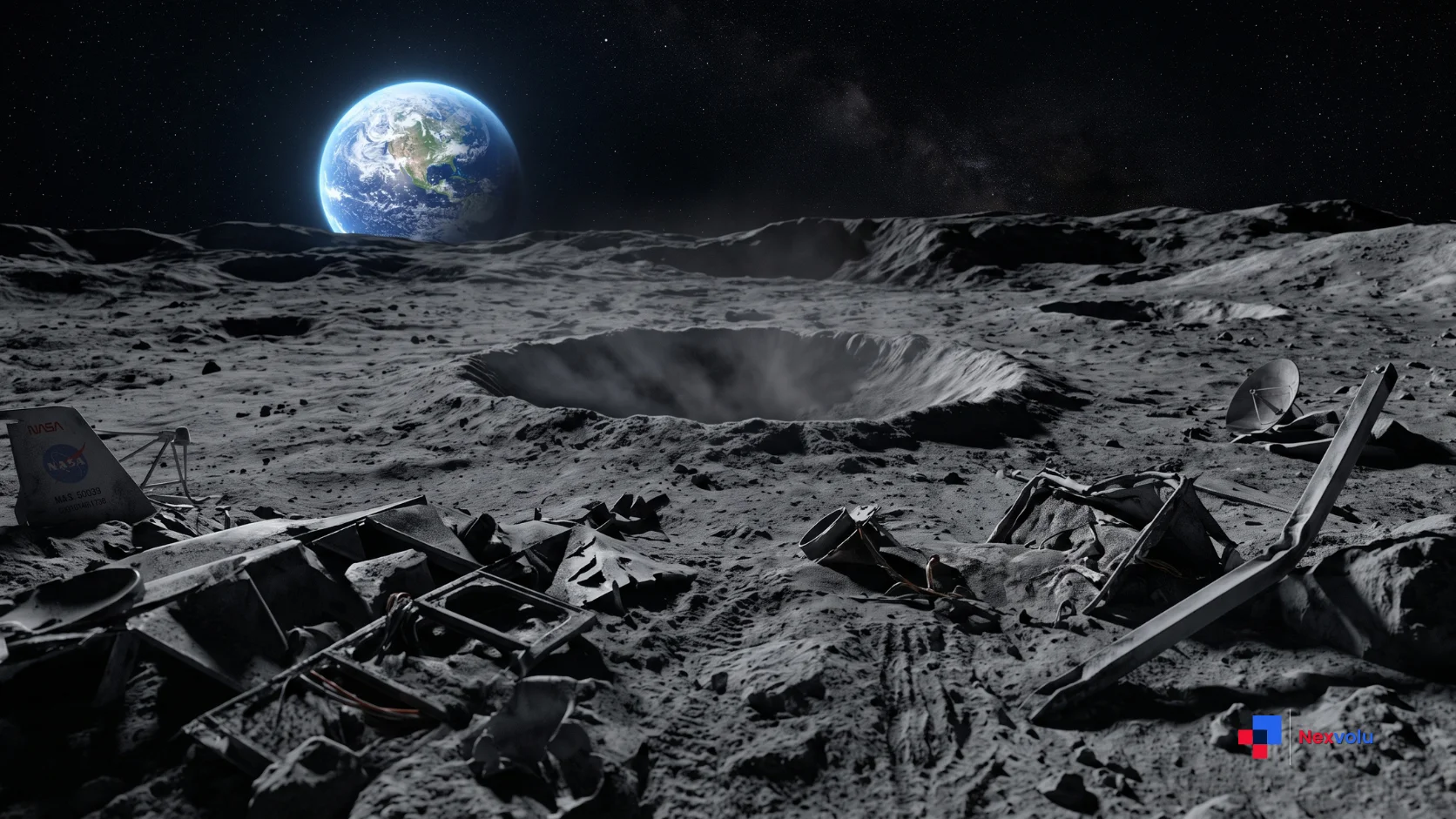 Fresh lunar crater and drifting debris symbolizing the growing space junk problem on the Moon