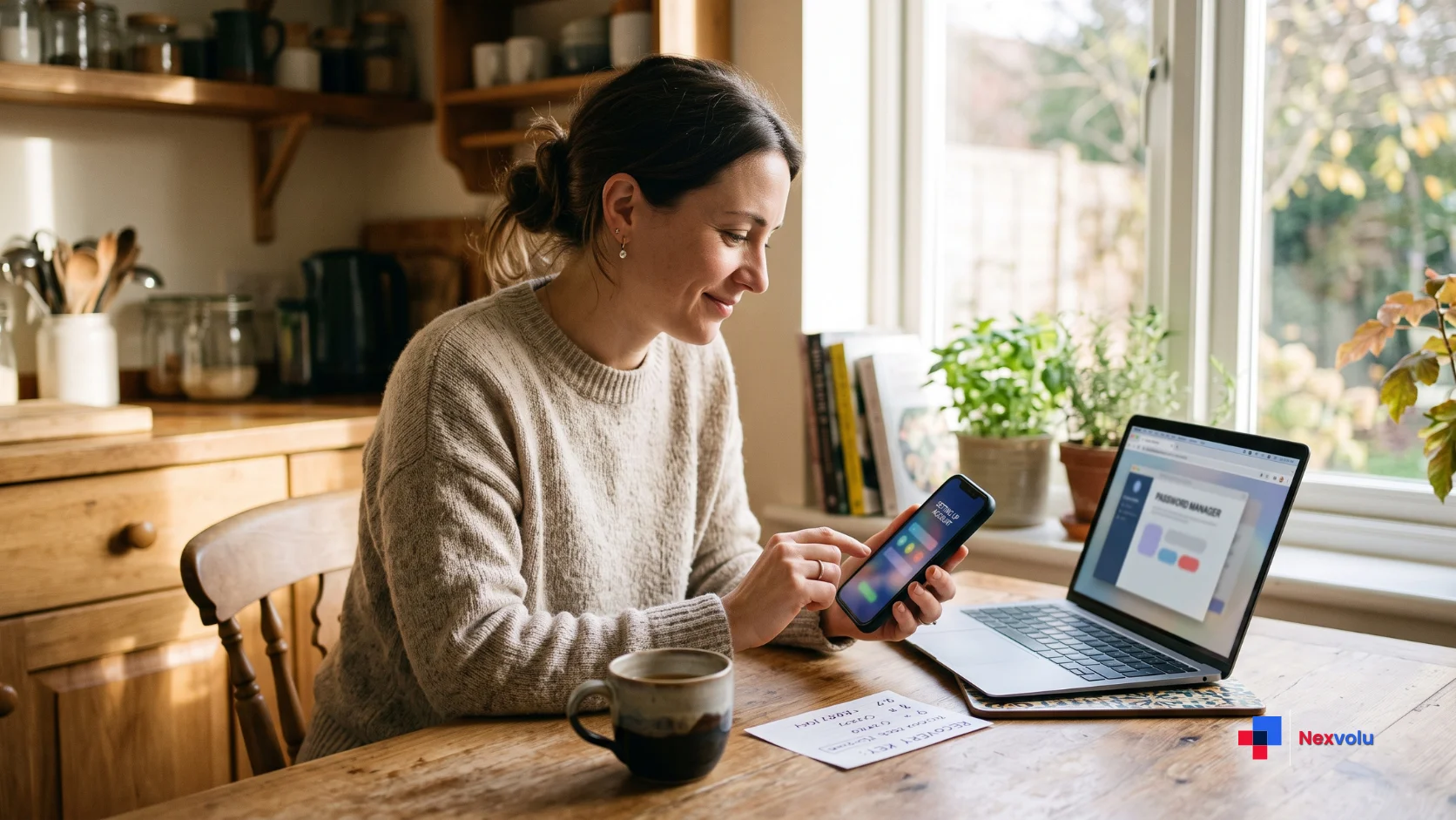 Person setting up a password manager safely on a laptop and phone at a kitchen table