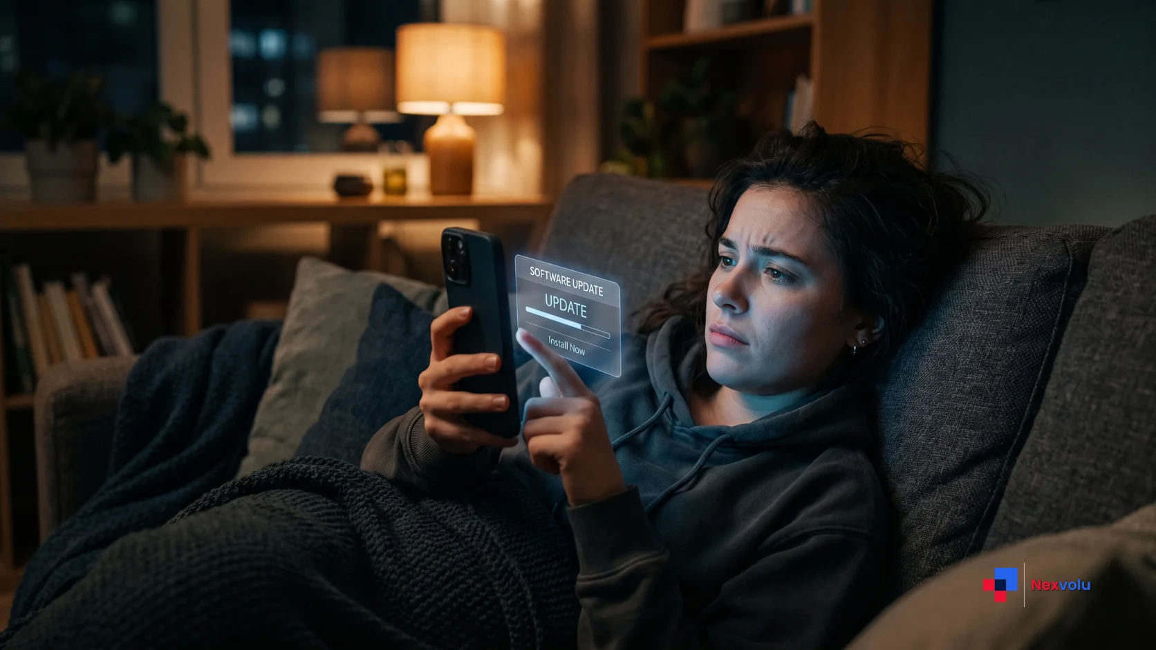 Worried person tapping remind me later on a late-night phone security update prompt
