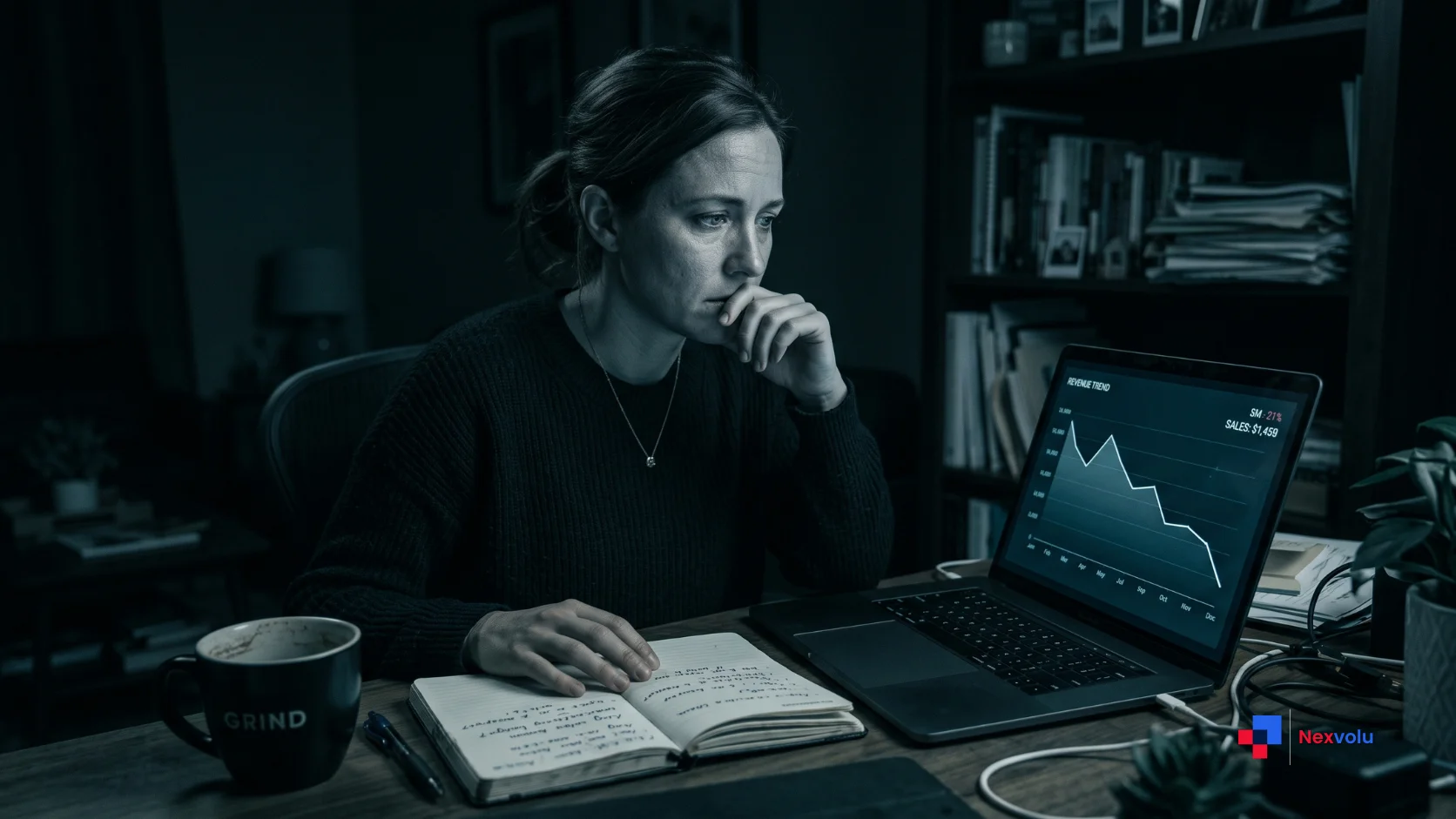 Worried publisher reviewing a Search Console traffic drop late at night in August
