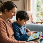 Parent and child reviewing screen time study results on a tablet together