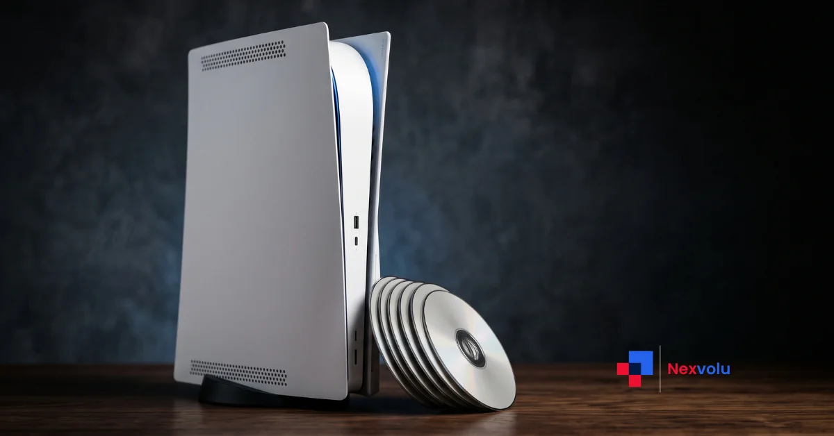 Sony PlayStation disc future: a PlayStation 5 console beside a stack of game discs