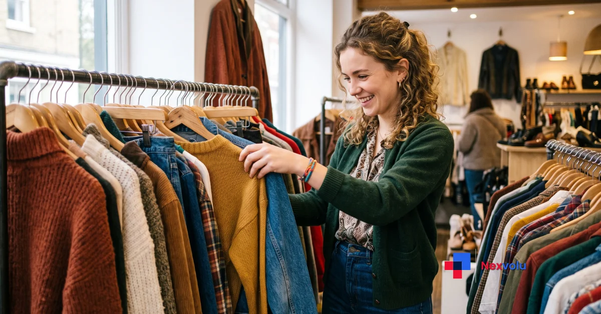 Thrift shopping tips for beginners: shopper flipping through a secondhand clothing rack