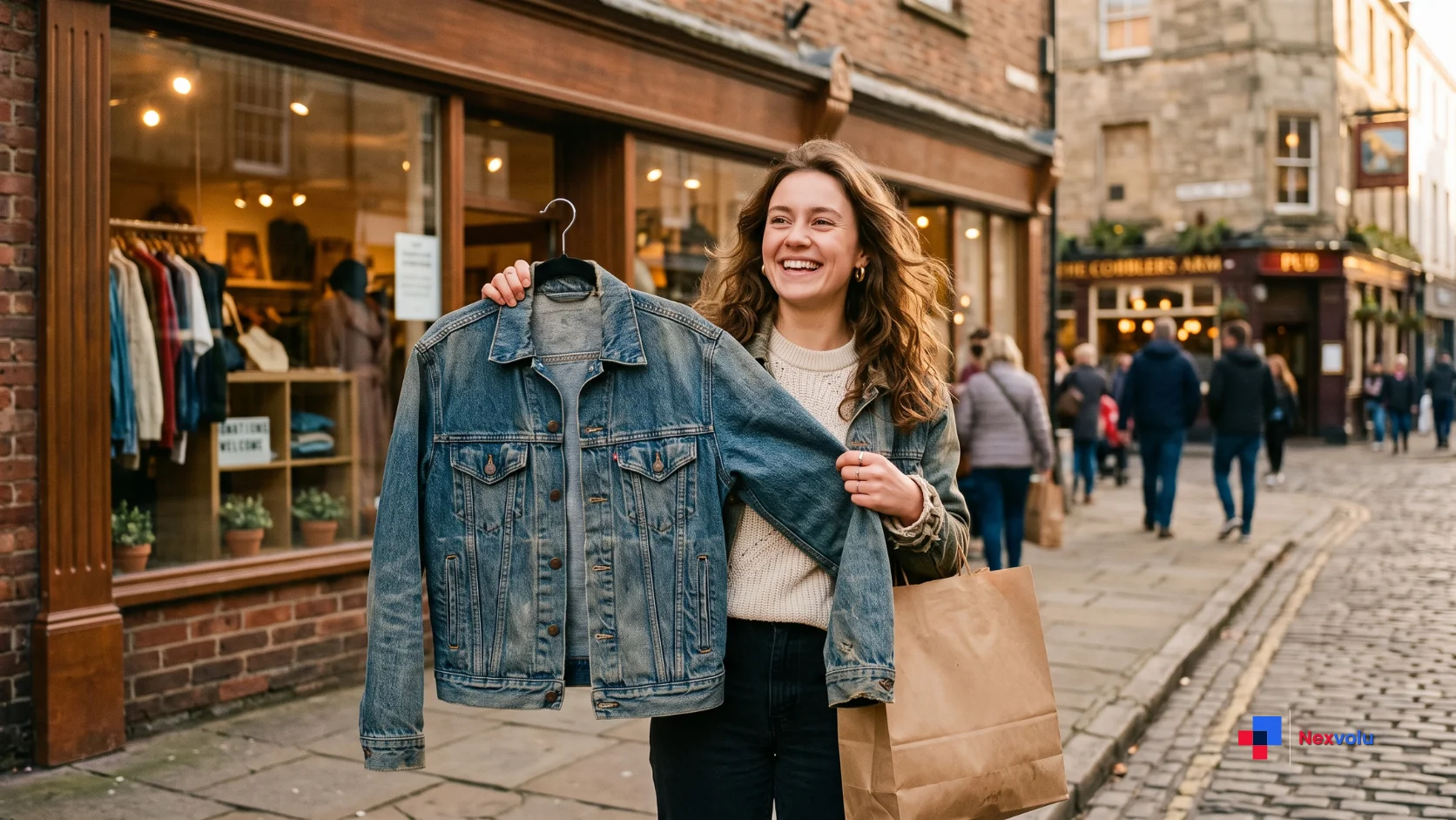 Smiling shopper holding a thrifted denim jacket outside a charity shop