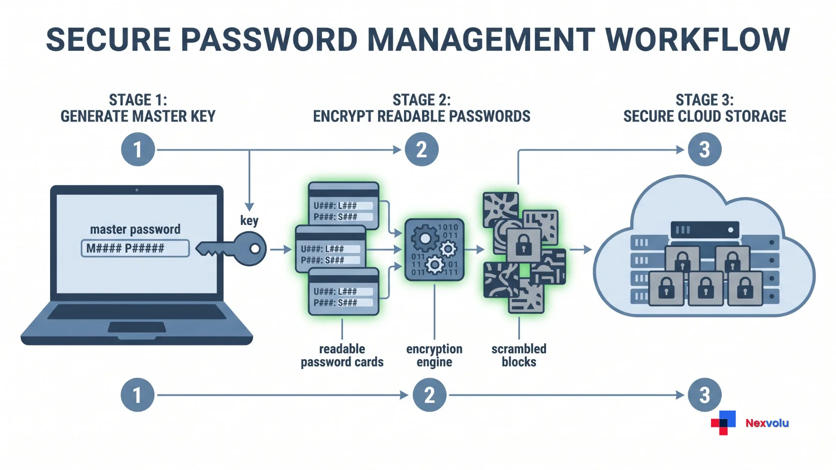 Diagram of zero-knowledge encryption showing why password managers are safe before cloud sync